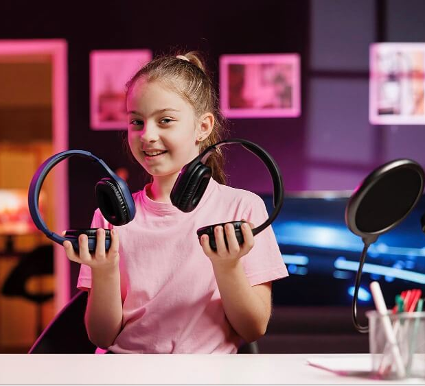 Young girl holding headphones in a room with studio equipment