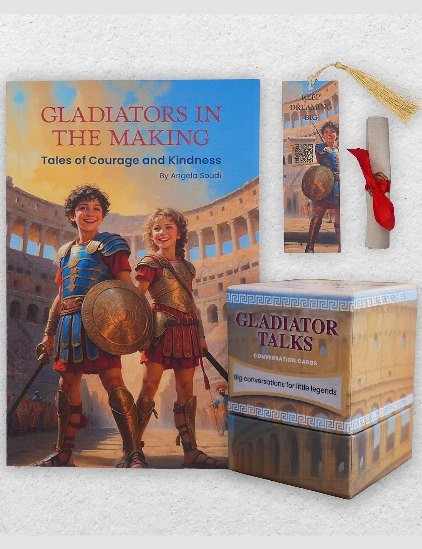 Children's book titled 'Gladiators in the Making' with a toy gladiator set on a white background