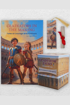 Children's book titled 'Gladiators in the Making' with a toy gladiator set on a white background